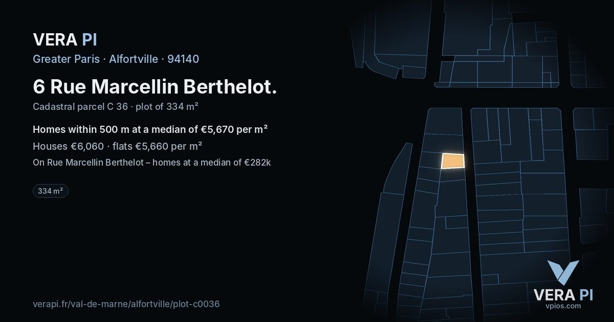 6 Rue Marcellin Berthelot, Alfortville at night – the plot lit, the parcels around coloured by the prices near them