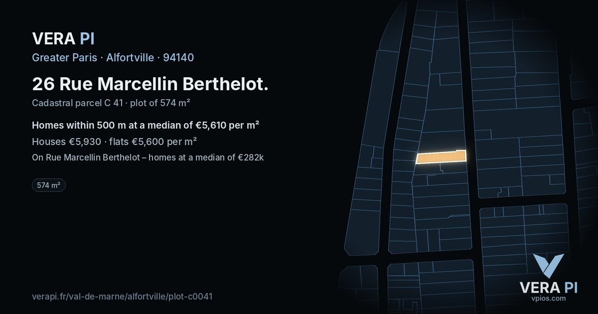 26 Rue Marcellin Berthelot, Alfortville at night – the plot lit, the parcels around coloured by the prices near them