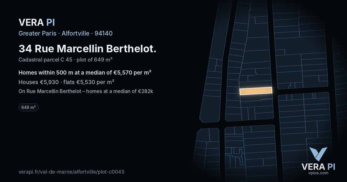 34 Rue Marcellin Berthelot, Alfortville at night – the plot lit, the parcels around coloured by the prices near them