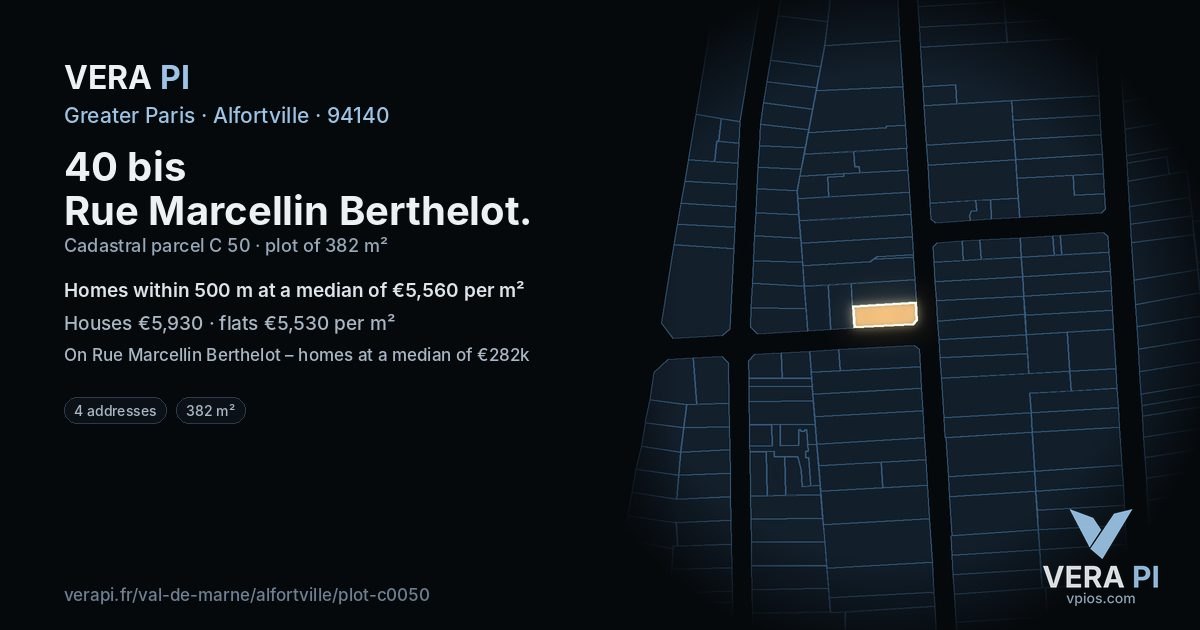 40 bis Rue Marcellin Berthelot, Alfortville at night – the plot lit, the parcels around coloured by the prices near them