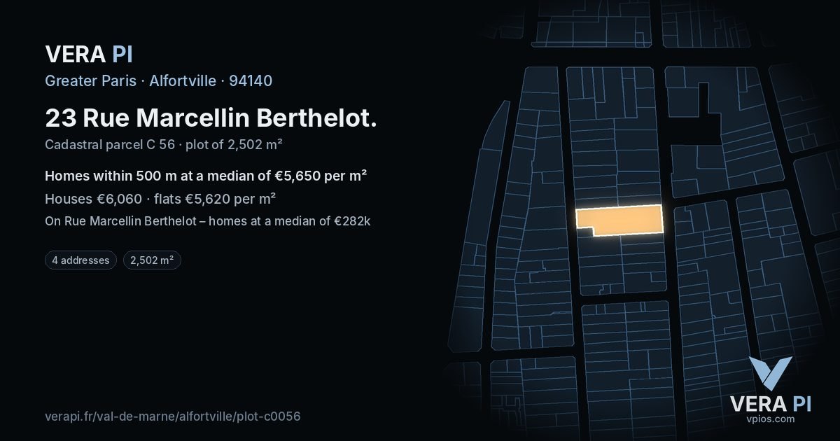 23 Rue Marcellin Berthelot, Alfortville at night – the plot lit, the parcels around coloured by the prices near them