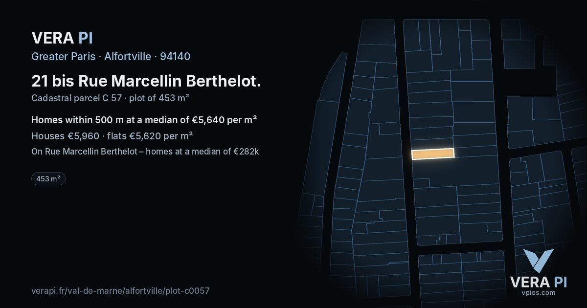 21 bis Rue Marcellin Berthelot, Alfortville at night – the plot lit, the parcels around coloured by the prices near them