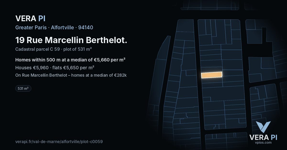 19 Rue Marcellin Berthelot, Alfortville at night – the plot lit, the parcels around coloured by the prices near them