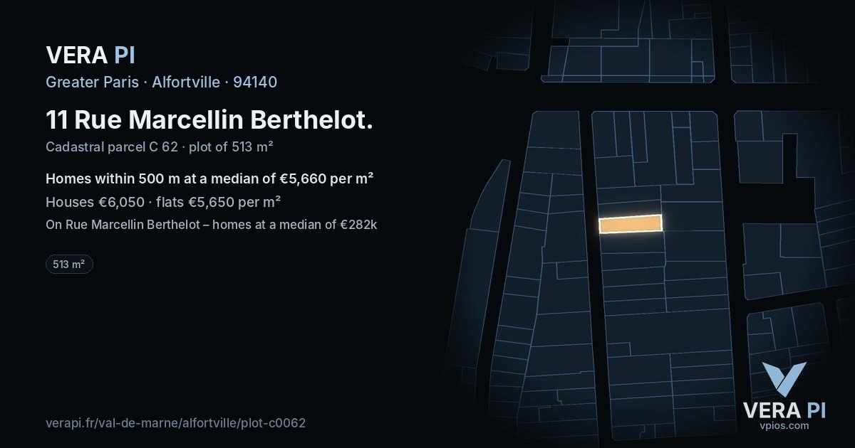 11 Rue Marcellin Berthelot, Alfortville at night – the plot lit, the parcels around coloured by the prices near them