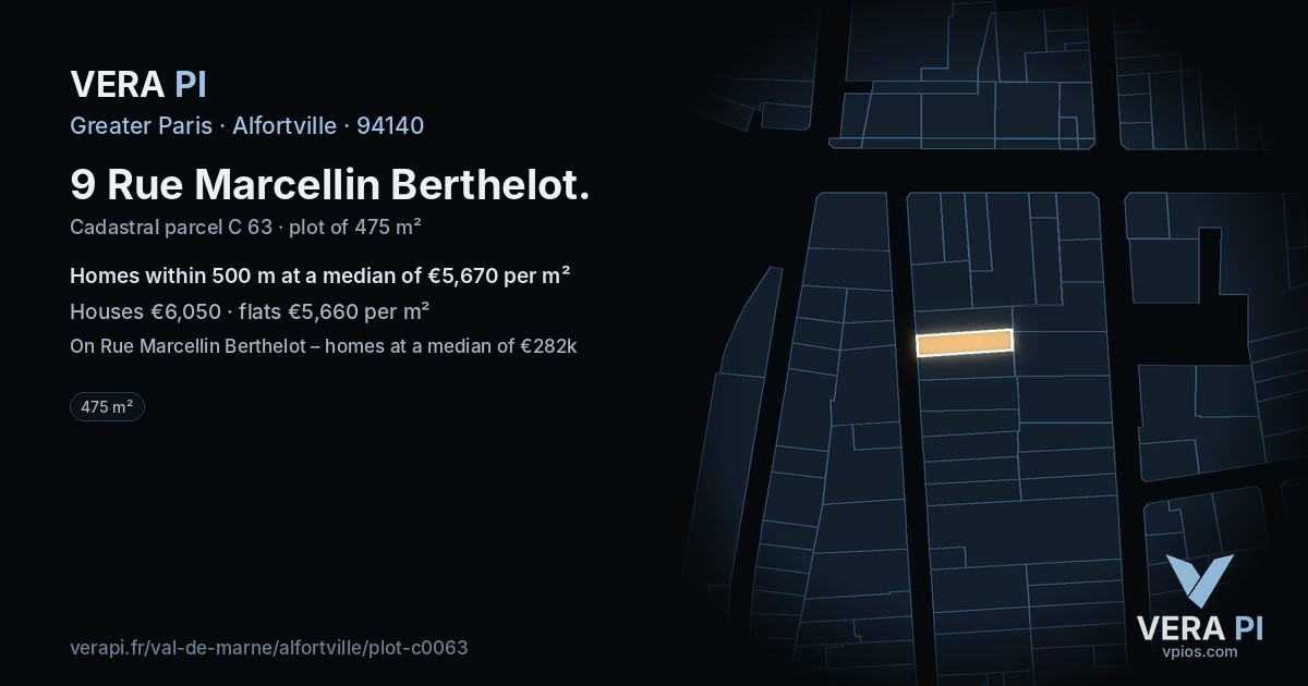 9 Rue Marcellin Berthelot, Alfortville at night – the plot lit, the parcels around coloured by the prices near them
