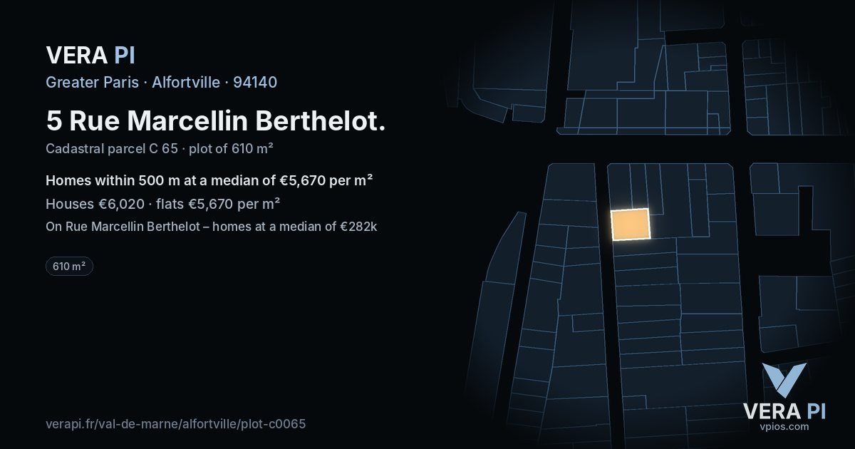 5 Rue Marcellin Berthelot, Alfortville at night – the plot lit, the parcels around coloured by the prices near them