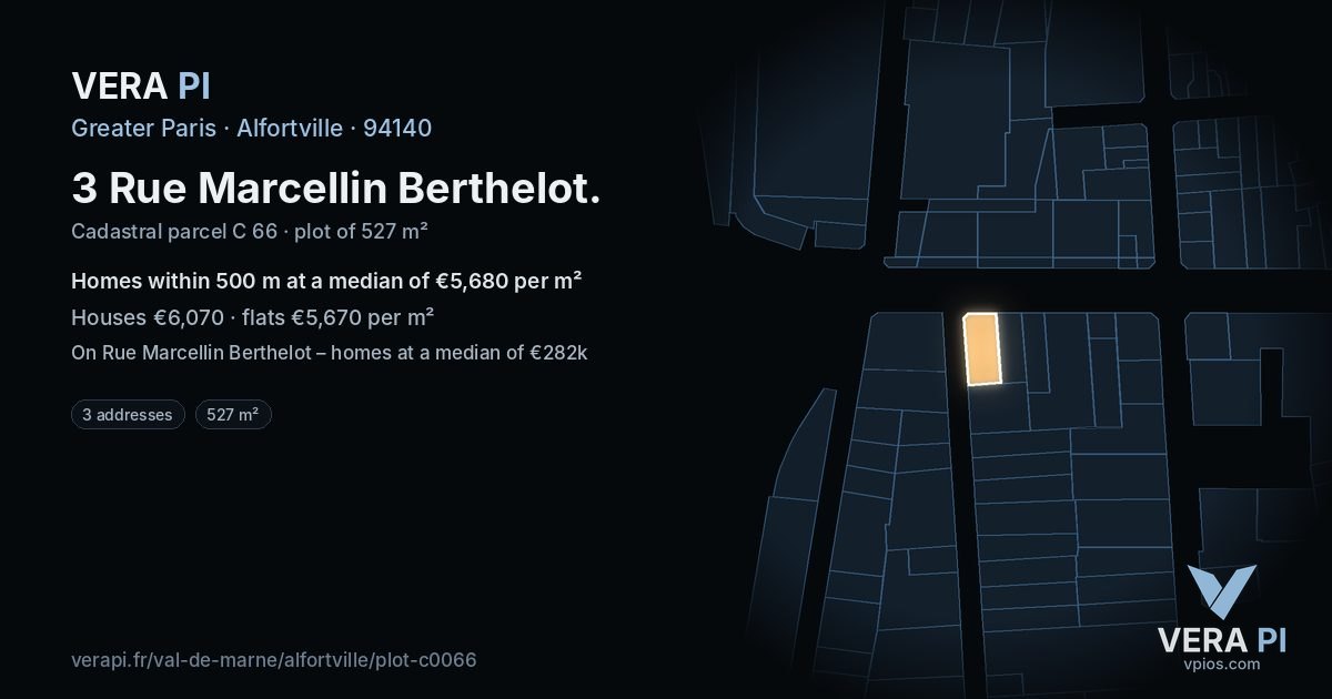 3 Rue Marcellin Berthelot, Alfortville at night – the plot lit, the parcels around coloured by the prices near them