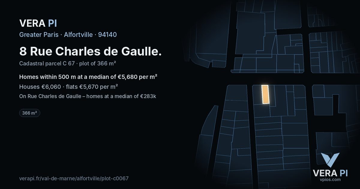 8 Rue Charles de Gaulle, Alfortville at night – the plot lit, the parcels around coloured by the prices near them