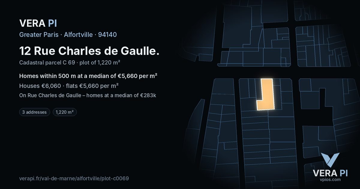 12 Rue Charles de Gaulle, Alfortville at night – the plot lit, the parcels around coloured by the prices near them