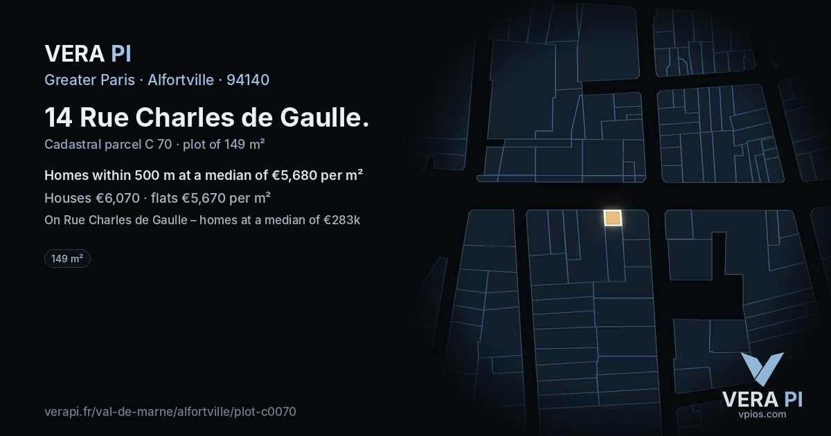 14 Rue Charles de Gaulle, Alfortville at night – the plot lit, the parcels around coloured by the prices near them