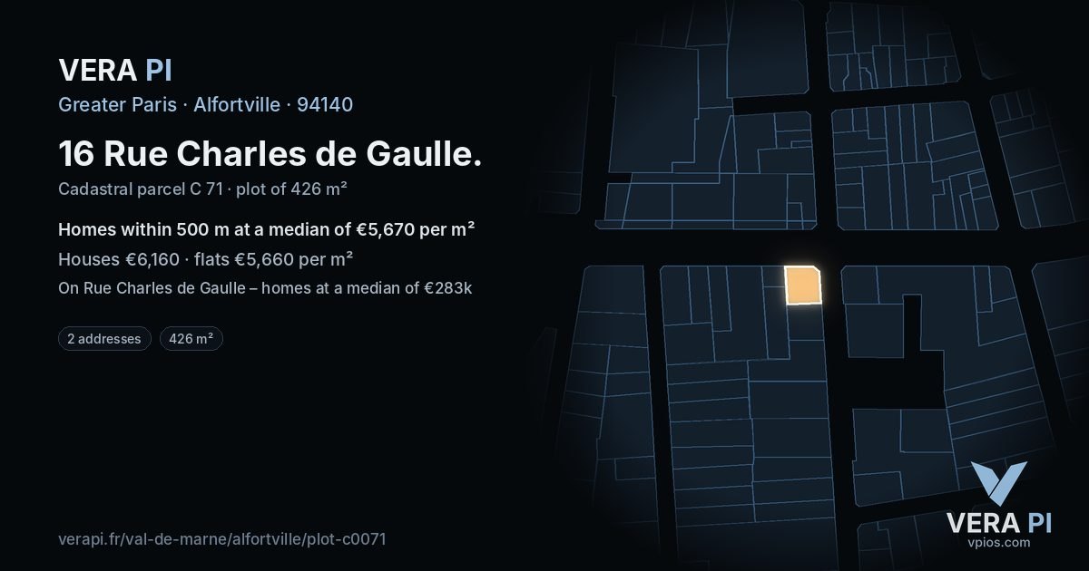 16 Rue Charles de Gaulle, Alfortville at night – the plot lit, the parcels around coloured by the prices near them