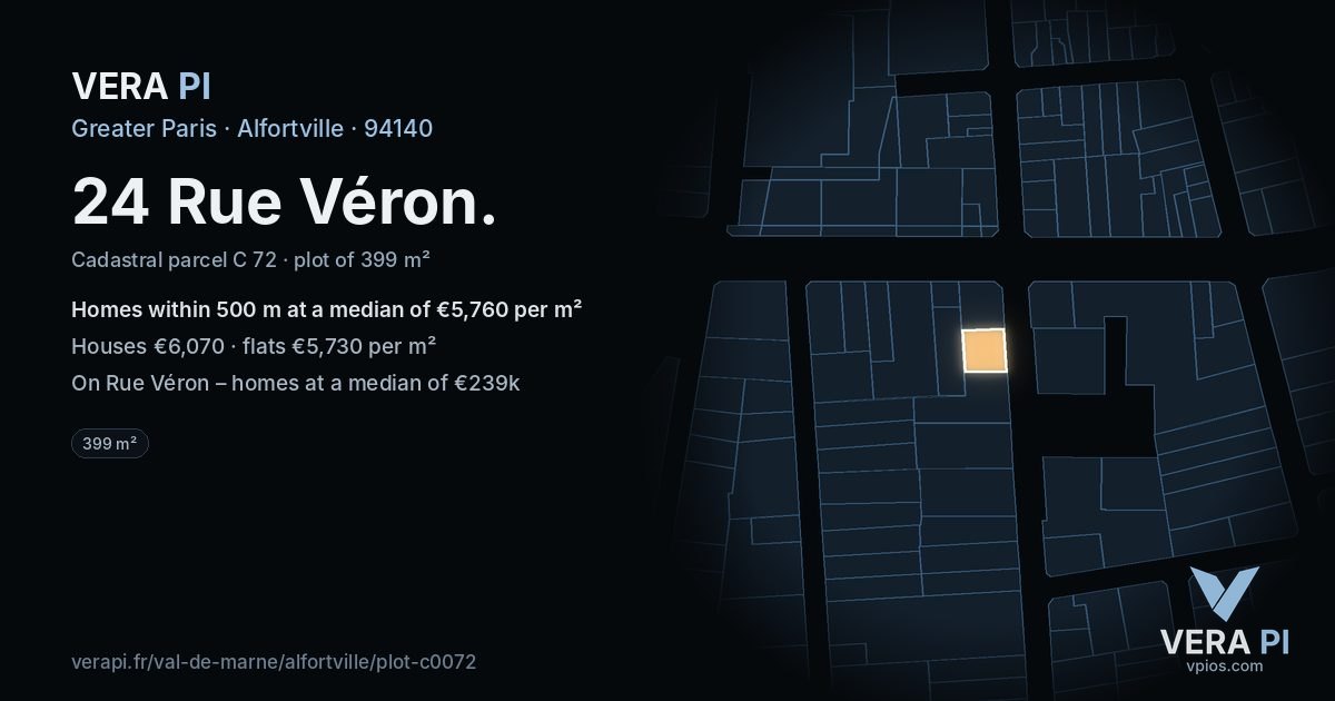 24 Rue Véron, Alfortville at night – the plot lit, the parcels around coloured by the prices near them