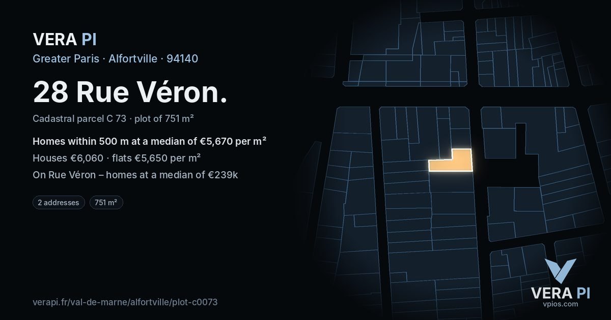 28 Rue Véron, Alfortville at night – the plot lit, the parcels around coloured by the prices near them