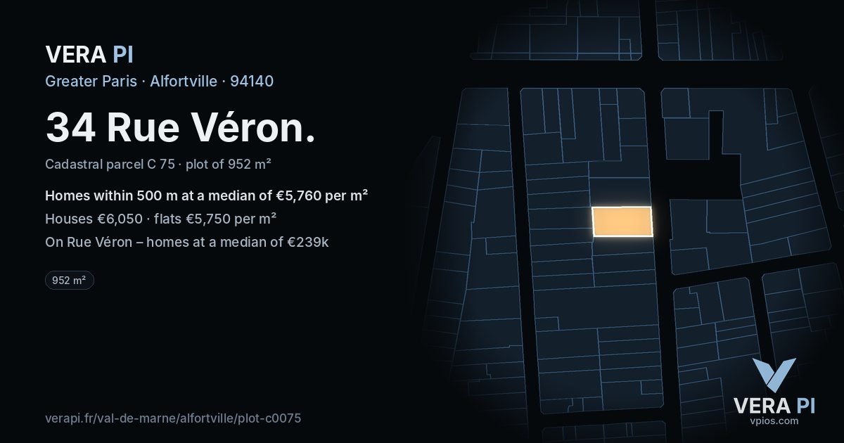 34 Rue Véron, Alfortville at night – the plot lit, the parcels around coloured by the prices near them