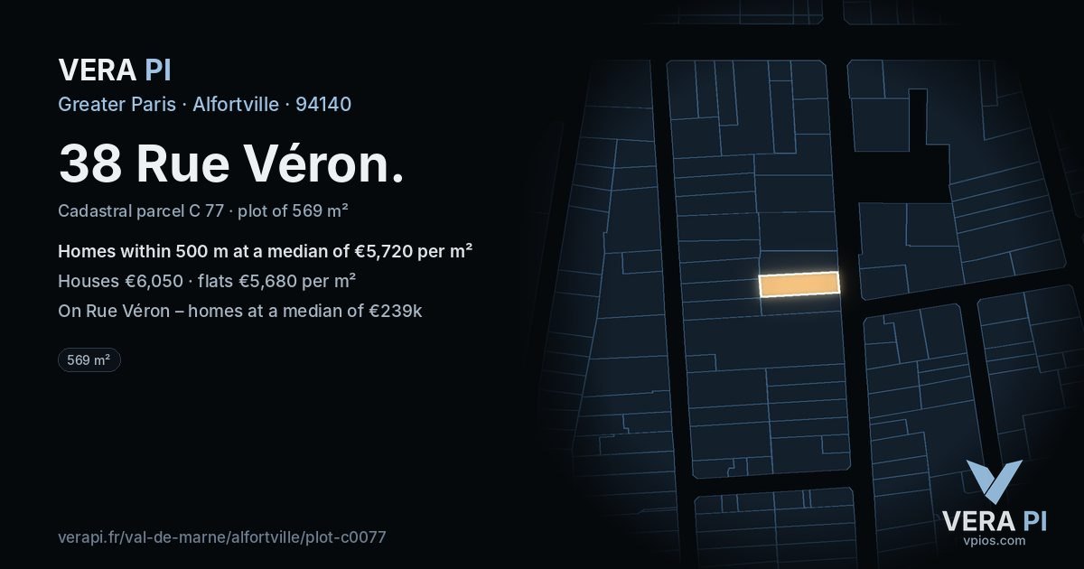 38 Rue Véron, Alfortville at night – the plot lit, the parcels around coloured by the prices near them