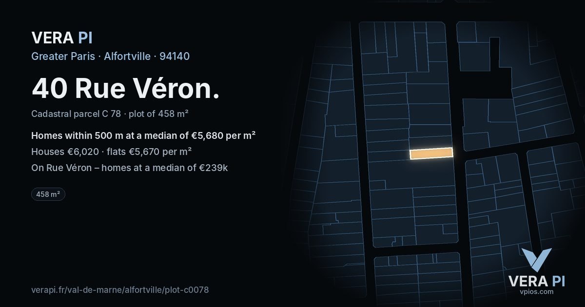 40 Rue Véron, Alfortville at night – the plot lit, the parcels around coloured by the prices near them