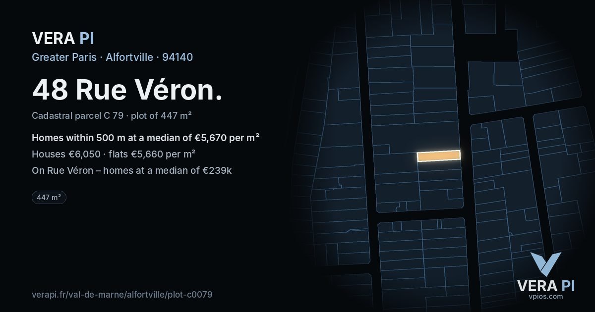 48 Rue Véron, Alfortville at night – the plot lit, the parcels around coloured by the prices near them