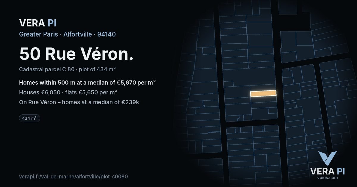 50 Rue Véron, Alfortville at night – the plot lit, the parcels around coloured by the prices near them