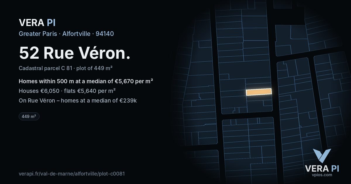 52 Rue Véron, Alfortville at night – the plot lit, the parcels around coloured by the prices near them