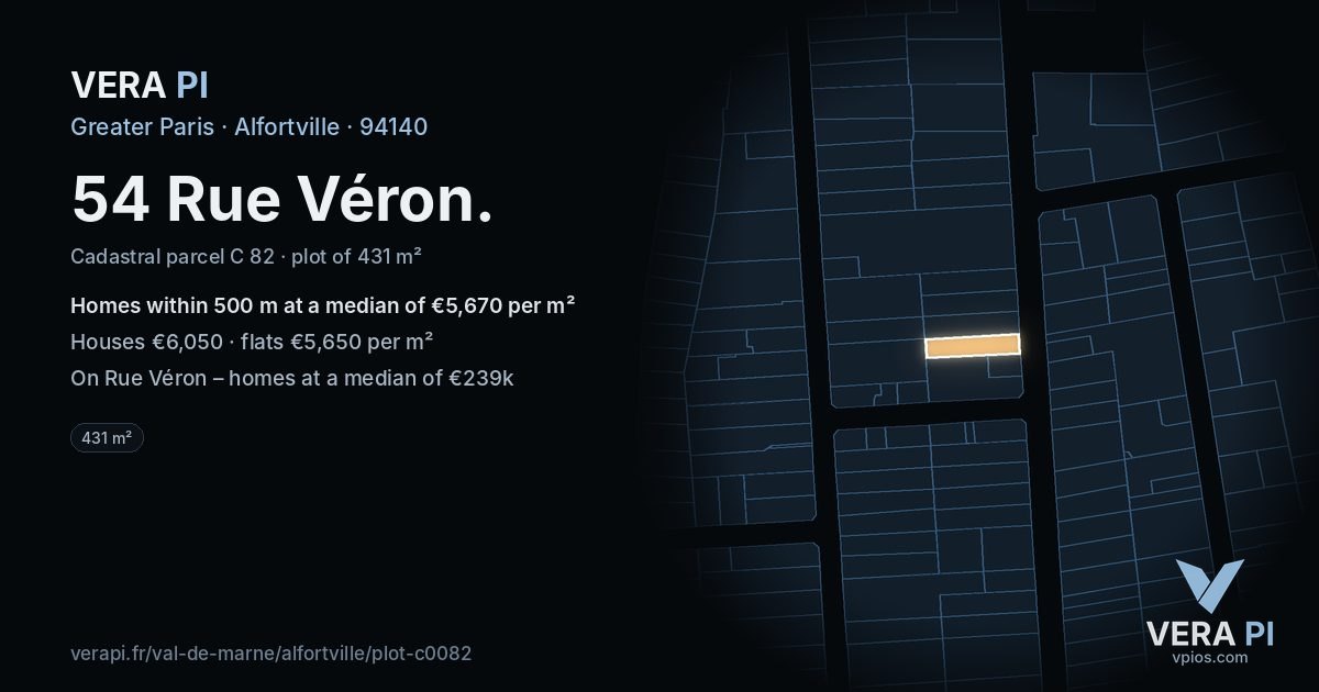 54 Rue Véron, Alfortville at night – the plot lit, the parcels around coloured by the prices near them