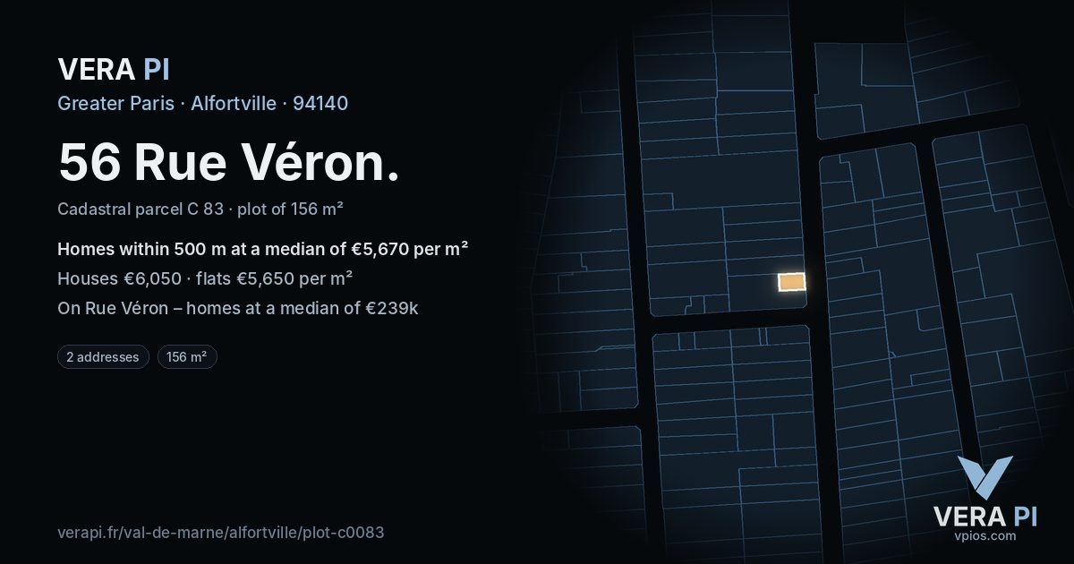 56 Rue Véron, Alfortville at night – the plot lit, the parcels around coloured by the prices near them
