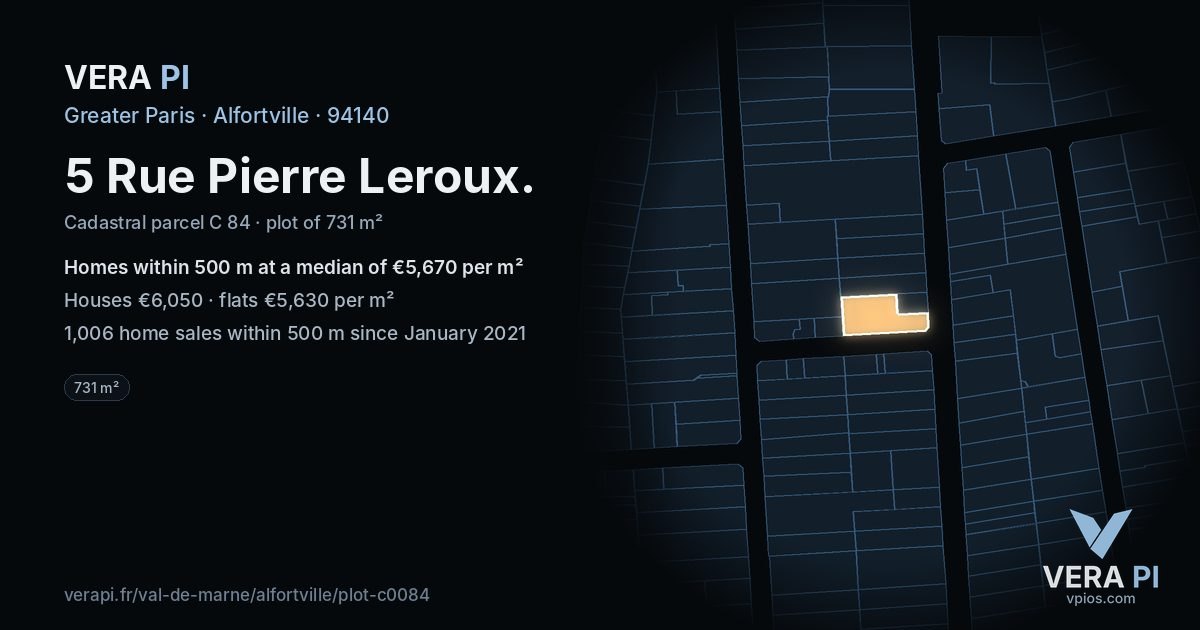 5 Rue Pierre Leroux, Alfortville at night – the plot lit, the parcels around coloured by the prices near them