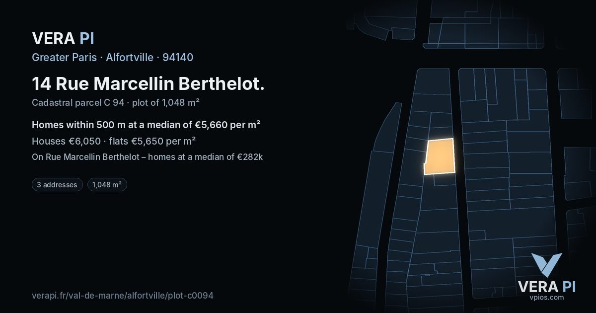 14 Rue Marcellin Berthelot, Alfortville at night – the plot lit, the parcels around coloured by the prices near them