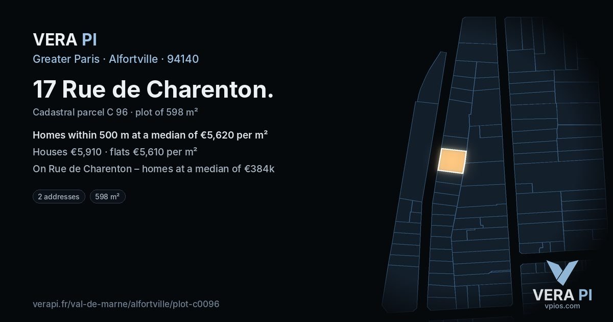 17 Rue de Charenton, Alfortville at night – the plot lit, the parcels around coloured by the prices near them