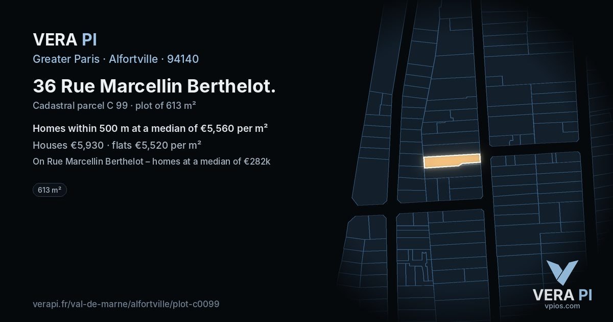 36 Rue Marcellin Berthelot, Alfortville at night – the plot lit, the parcels around coloured by the prices near them