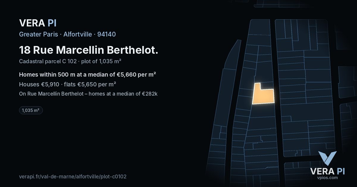 18 Rue Marcellin Berthelot, Alfortville at night – the plot lit, the parcels around coloured by the prices near them