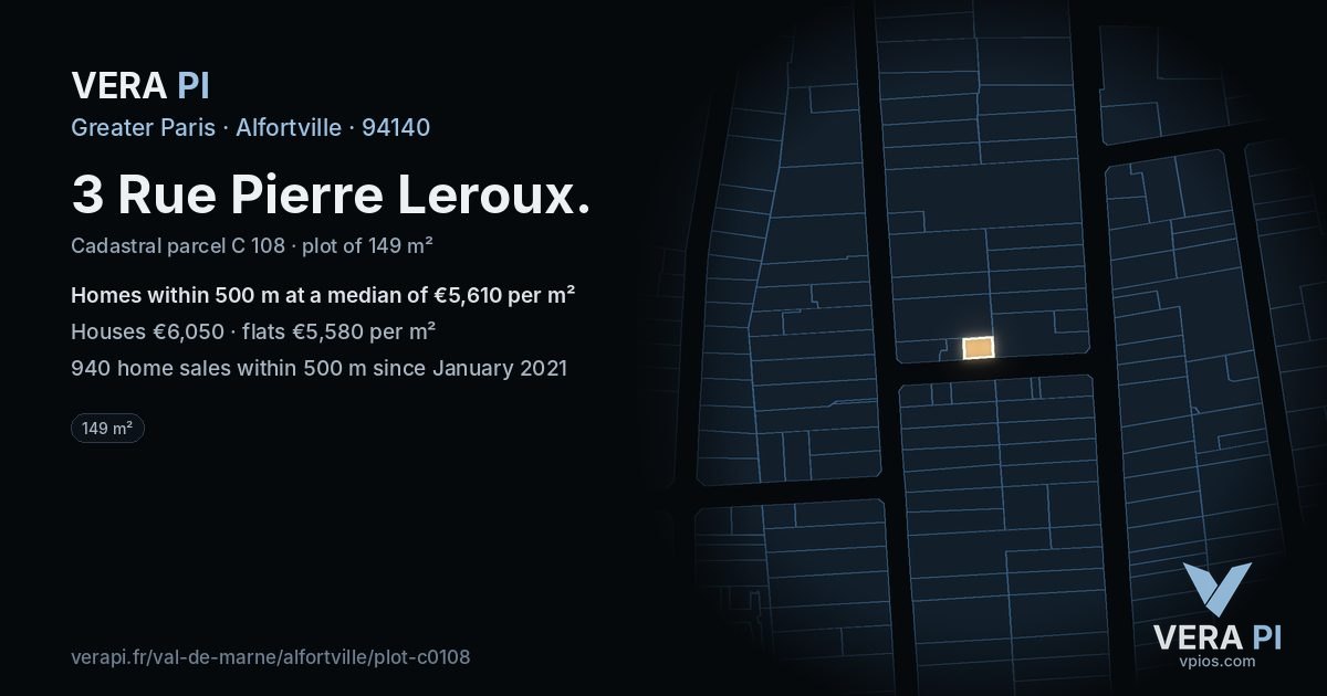 3 Rue Pierre Leroux, Alfortville at night – the plot lit, the parcels around coloured by the prices near them