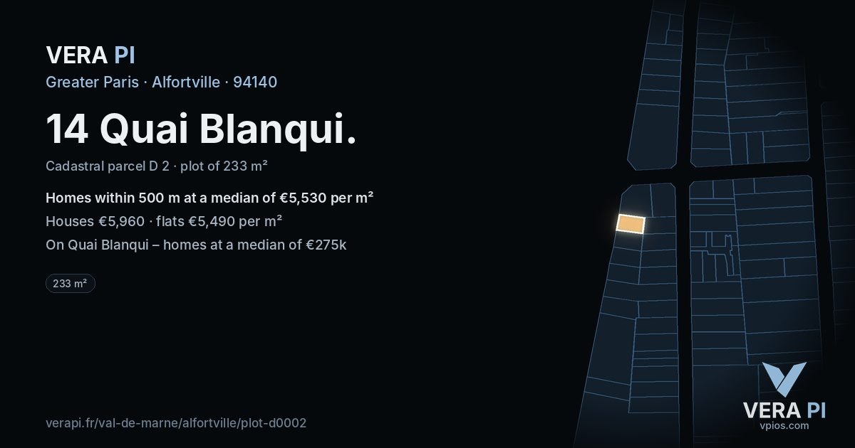 14 Quai Blanqui, Alfortville at night – the plot lit, the parcels around coloured by the prices near them