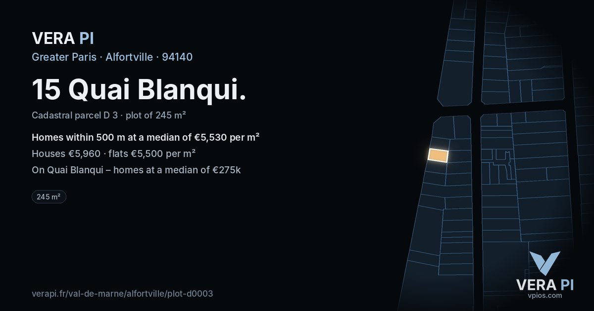 15 Quai Blanqui, Alfortville at night – the plot lit, the parcels around coloured by the prices near them