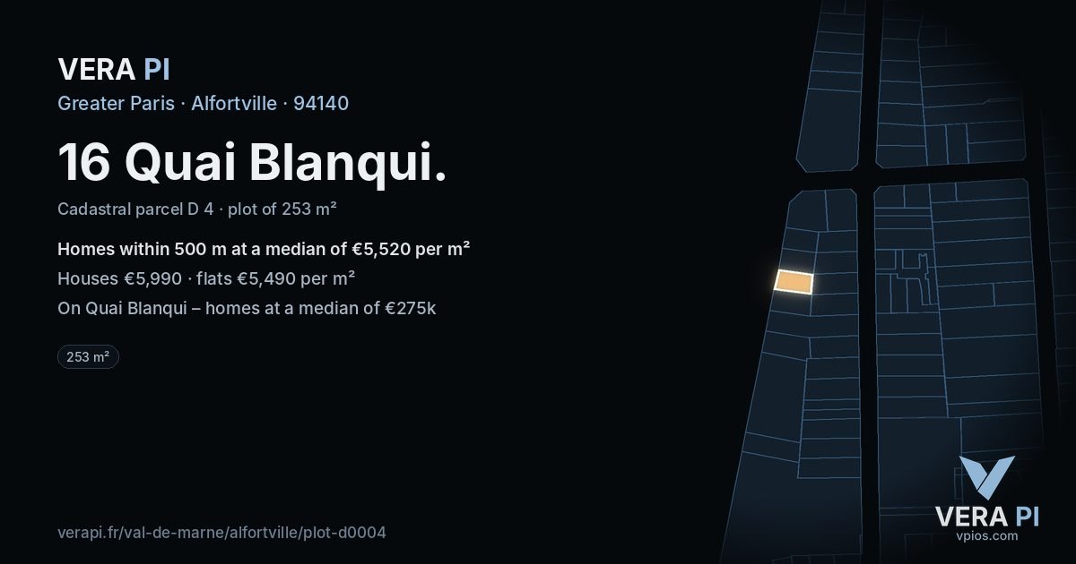16 Quai Blanqui, Alfortville at night – the plot lit, the parcels around coloured by the prices near them