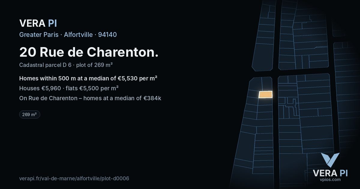 20 Rue de Charenton, Alfortville at night – the plot lit, the parcels around coloured by the prices near them