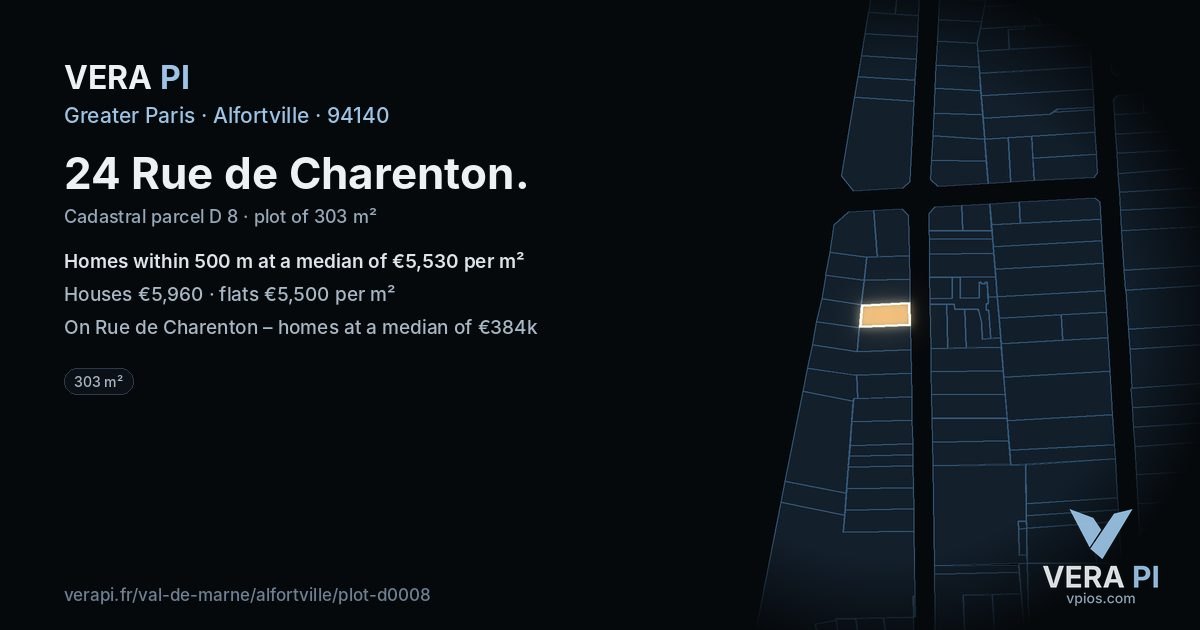 24 Rue de Charenton, Alfortville at night – the plot lit, the parcels around coloured by the prices near them
