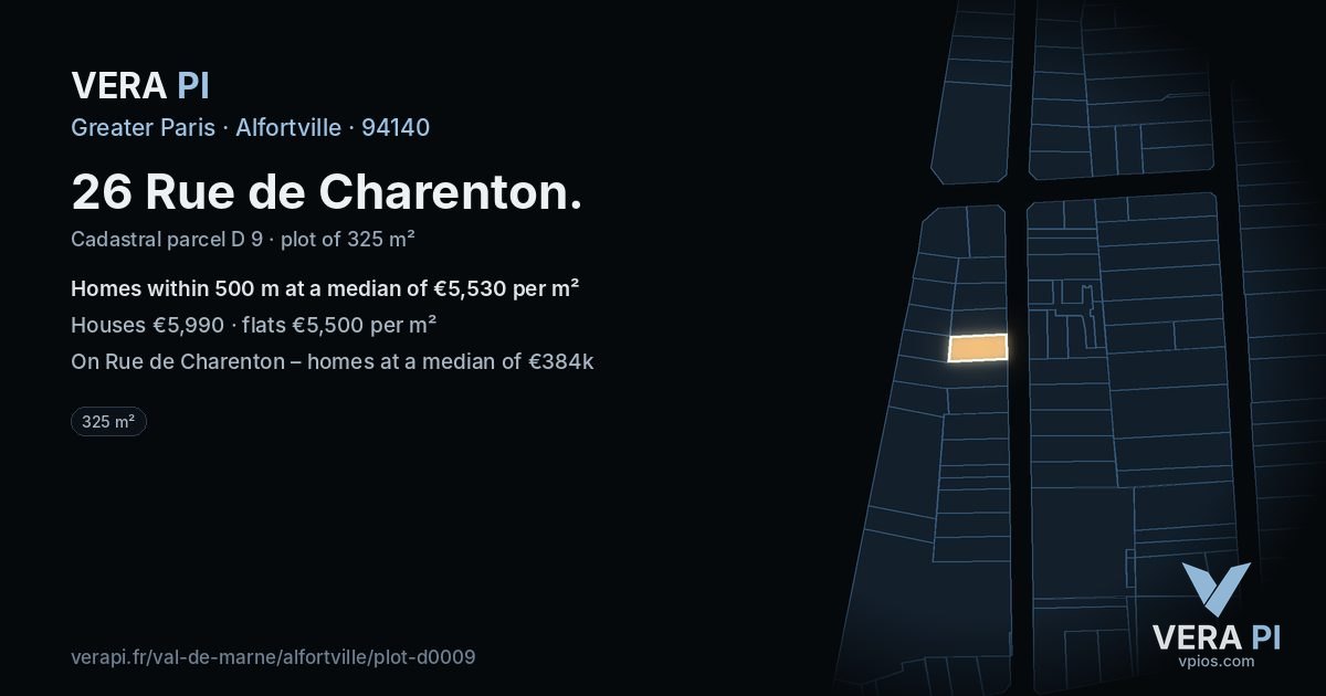 26 Rue de Charenton, Alfortville at night – the plot lit, the parcels around coloured by the prices near them