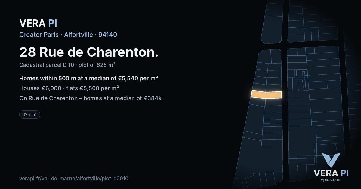 28 Rue de Charenton, Alfortville at night – the plot lit, the parcels around coloured by the prices near them