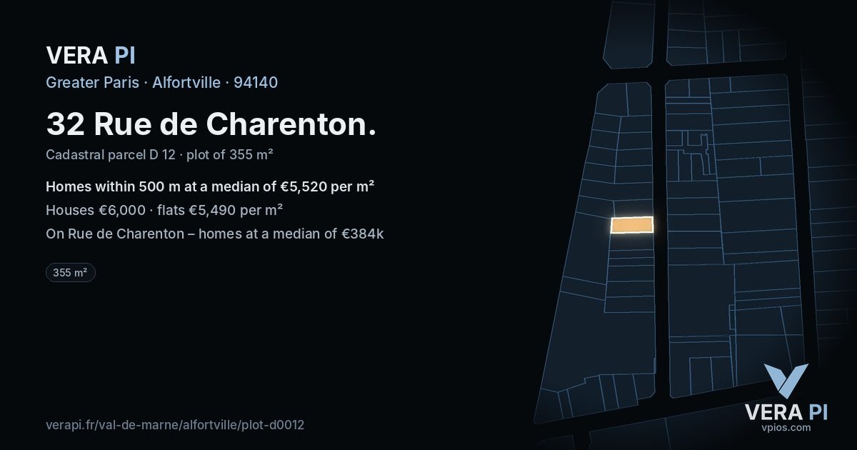 32 Rue de Charenton, Alfortville at night – the plot lit, the parcels around coloured by the prices near them