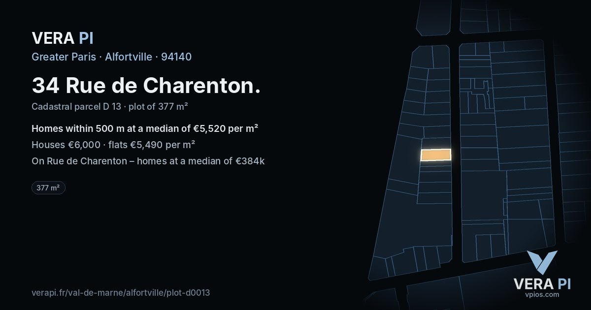 34 Rue de Charenton, Alfortville at night – the plot lit, the parcels around coloured by the prices near them