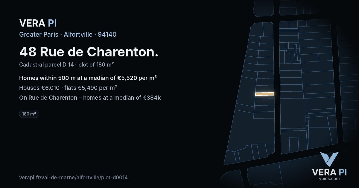 48 Rue de Charenton, Alfortville at night – the plot lit, the parcels around coloured by the prices near them
