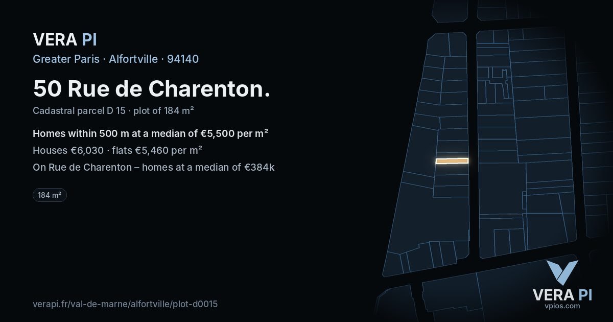 50 Rue de Charenton, Alfortville at night – the plot lit, the parcels around coloured by the prices near them