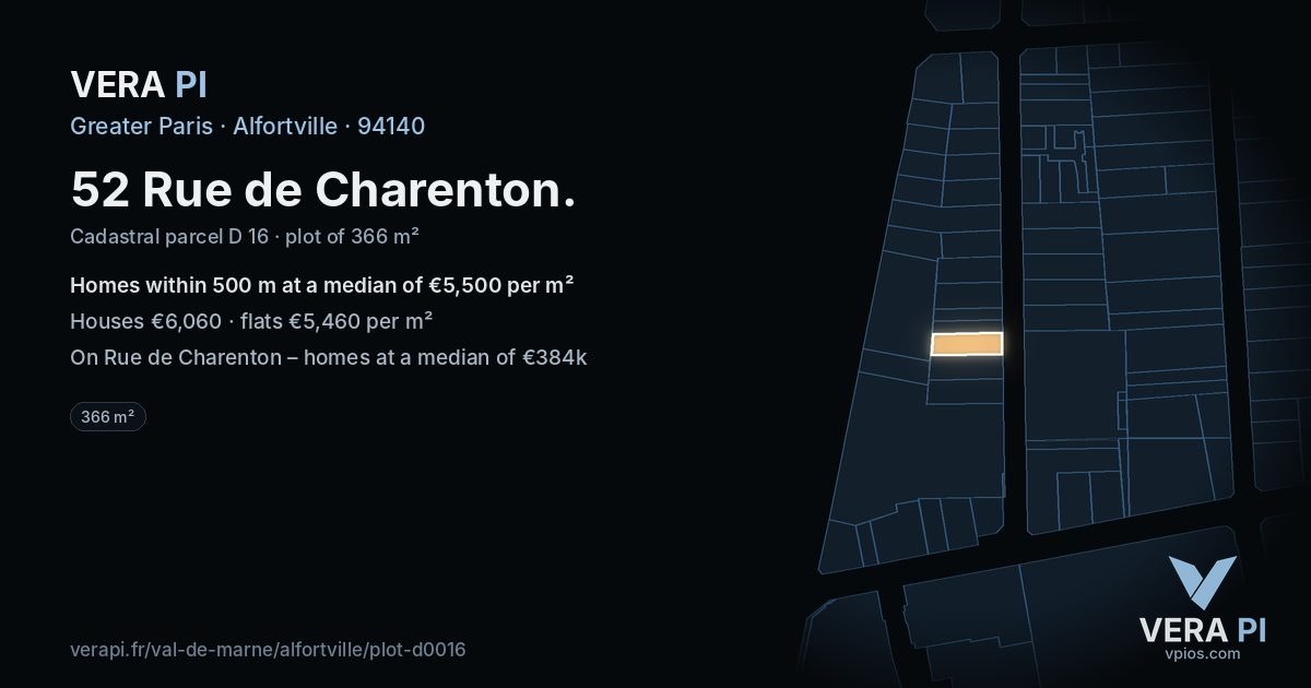 52 Rue de Charenton, Alfortville at night – the plot lit, the parcels around coloured by the prices near them