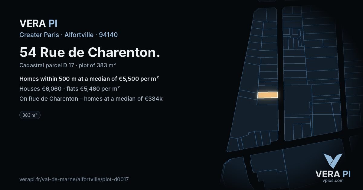 54 Rue de Charenton, Alfortville at night – the plot lit, the parcels around coloured by the prices near them