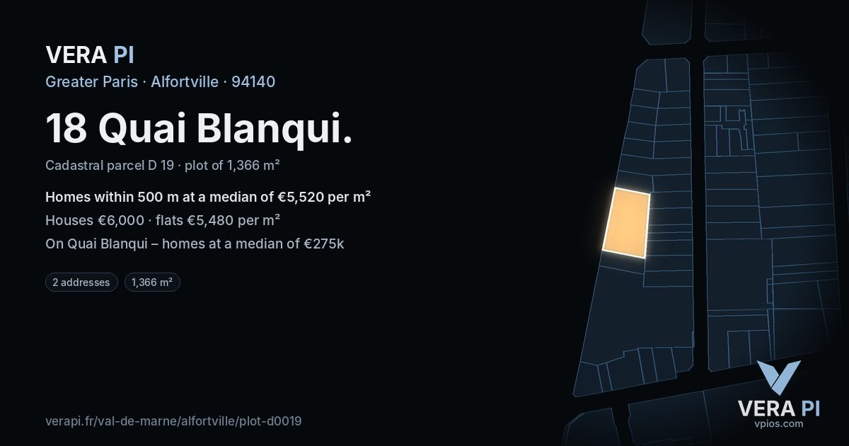 18 Quai Blanqui, Alfortville at night – the plot lit, the parcels around coloured by the prices near them