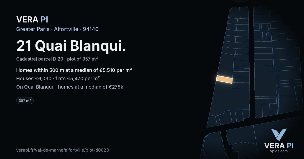 21 Quai Blanqui, Alfortville at night – the plot lit, the parcels around coloured by the prices near them