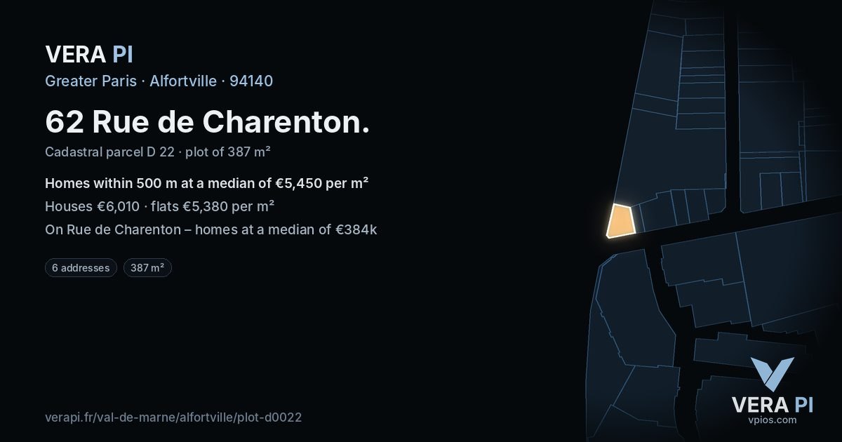 62 Rue de Charenton, Alfortville at night – the plot lit, the parcels around coloured by the prices near them