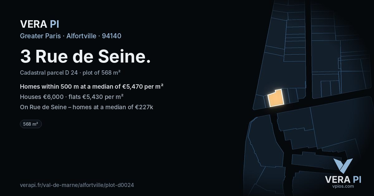 3 Rue de Seine, Alfortville at night – the plot lit, the parcels around coloured by the prices near them
