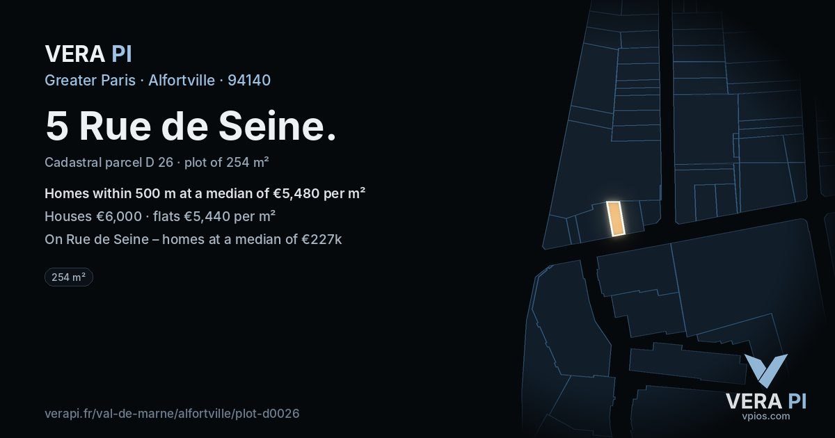5 Rue de Seine, Alfortville at night – the plot lit, the parcels around coloured by the prices near them