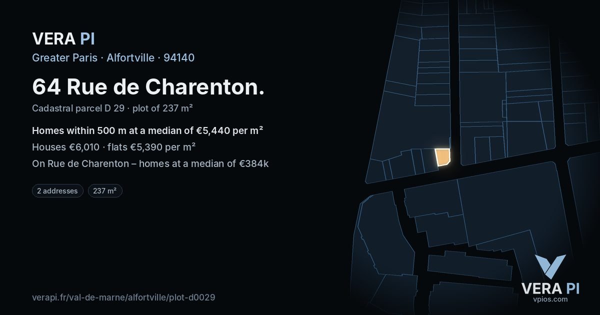 64 Rue de Charenton, Alfortville at night – the plot lit, the parcels around coloured by the prices near them